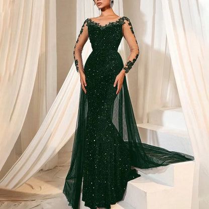 2025 New Elegant Prom Dress Long Sleeve Lace Evening Gown With Deep V-Neck Floor Length Train For Gala Party Wedding
