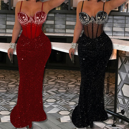 Long Dresses With Sleeves Strapless Sequin Womens Dresses See-through Elegant Party Evening Dress Birthday Prom Maxi Dress XSY22