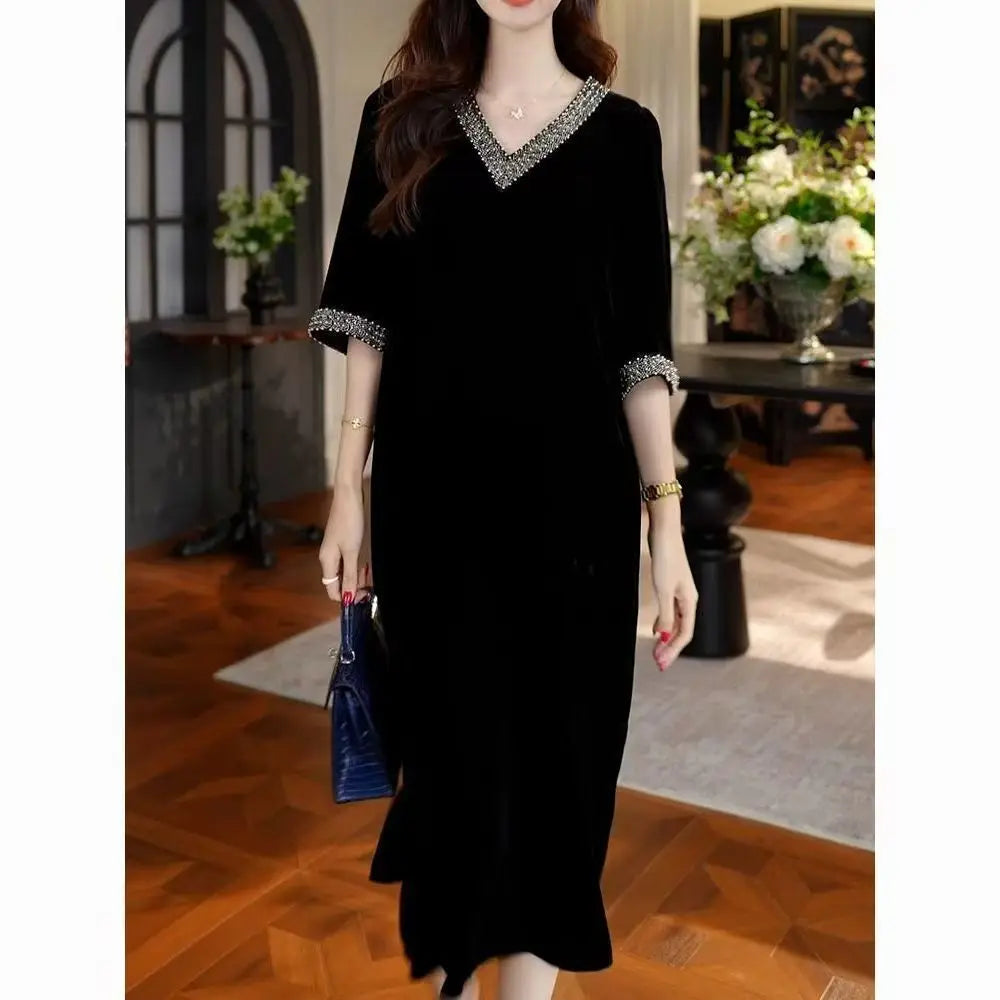 Lady Dress 2025 New Spring And Autumn Popular Light Luxury High-End thin elastic Mother High-End Velvet Dresses Red Black
