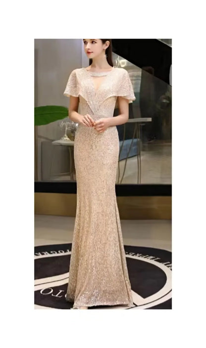 2023 New Fi Tail Evening Gown Women's Par Host High End Sensation Light Luxury Small ence Champagne Color Dr