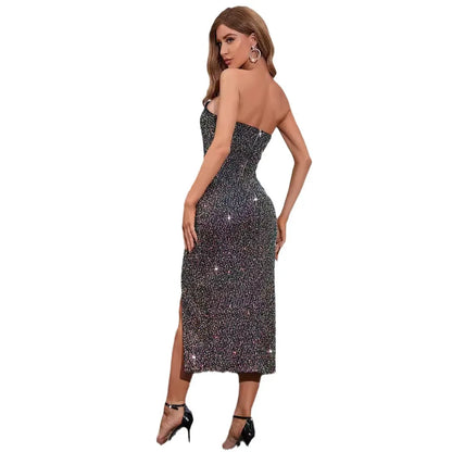 Womens Sexy Strapless Sequin Dresses Birthday Welcome Evening Dress Elegant Party Dresses Long Cocktail Formal Prom Dress HXY999