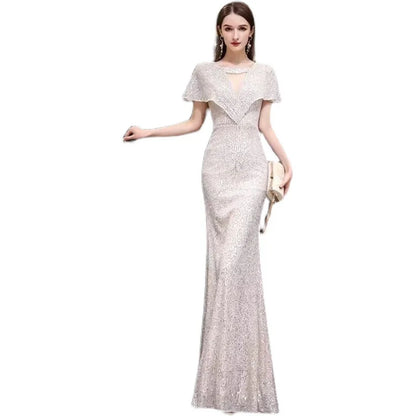 2023 New Fi Tail Evening Gown Women's Par Host High End Sensation Light Luxury Small ence Champagne Color Dr