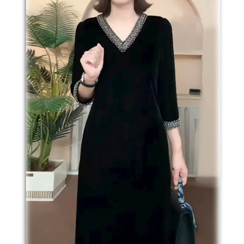 Lady Dress 2025 New Spring And Autumn Popular Light Luxury High-End thin elastic Mother High-End Velvet Dresses Red Black