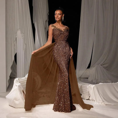 2025 New Elegant Prom Dress Long Sleeve Lace Evening Gown With Deep V-Neck Floor Length Train For Gala Party Wedding