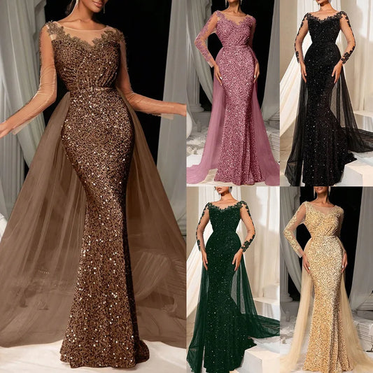 2025 New Elegant Prom Dress Long Sleeve Lace Evening Gown With Deep V-Neck Floor Length Train For Gala Party Wedding