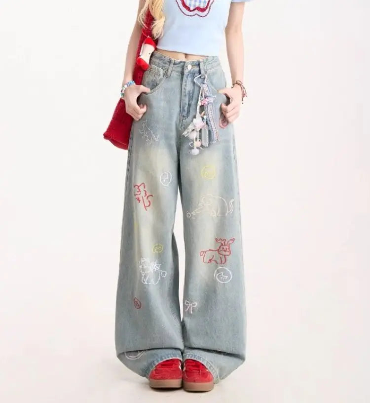 Jeans for Woman Y2k Pants Retro Washed Denim Straight Leg Wide Leg Trousers Cartoon Embroidery Design Comfortable Daily Wear