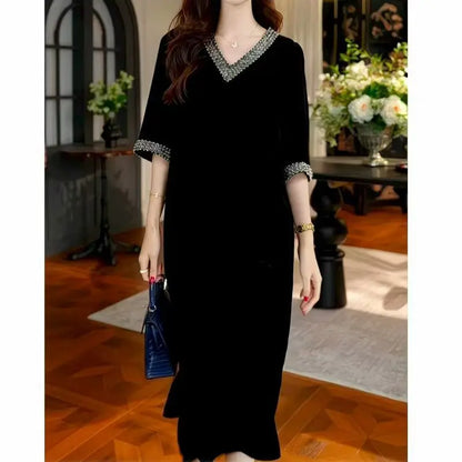Lady Dress 2025 New Spring And Autumn Popular Light Luxury High-End thin elastic Mother High-End Velvet Dresses Red Black