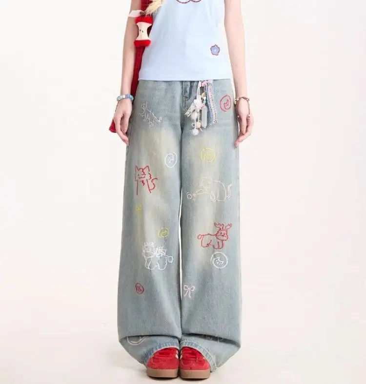 Jeans for Woman Y2k Pants Retro Washed Denim Straight Leg Wide Leg Trousers Cartoon Embroidery Design Comfortable Daily Wear