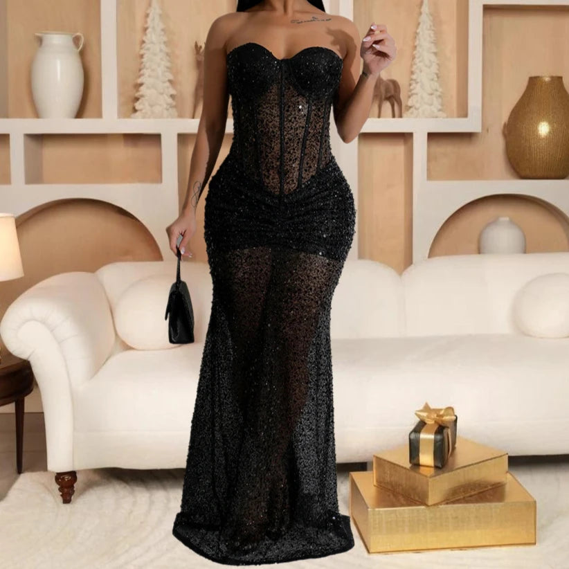 Long Dresses With Sleeves Strapless Sequin Womens Dresses See-through Elegant Party Evening Dress Birthday Prom Maxi Dress XSY22