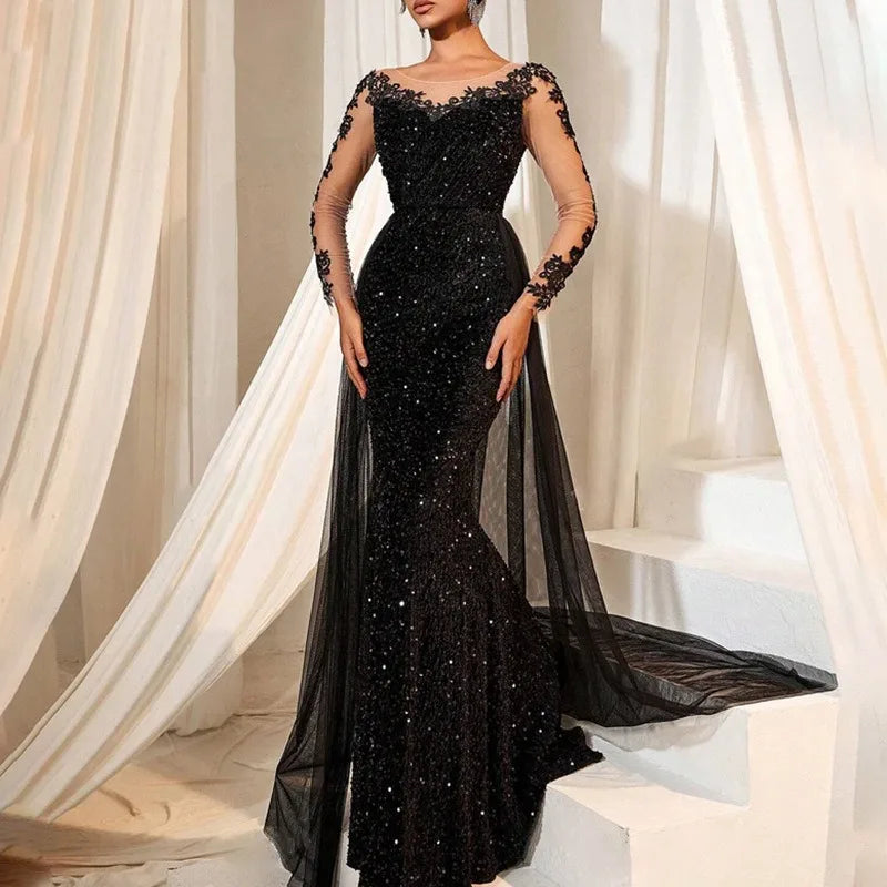 2025 New Elegant Prom Dress Long Sleeve Lace Evening Gown With Deep V-Neck Floor Length Train For Gala Party Wedding