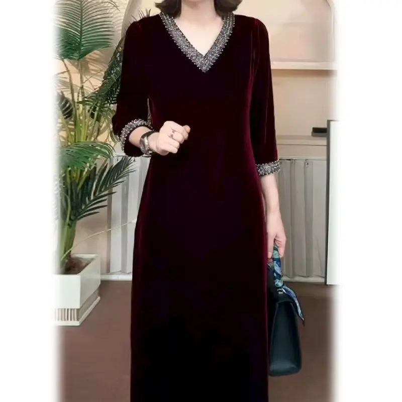 Lady Dress 2025 New Spring And Autumn Popular Light Luxury High-End thin elastic Mother High-End Velvet Dresses Red Black