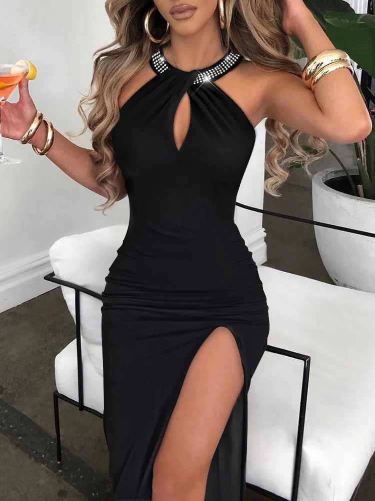 Women Elegant Spring High Split Party Dress 2025 Office Lady V Neck Slim Mid Dress Femme Sleeveless Summer Casual Dress Vestidos