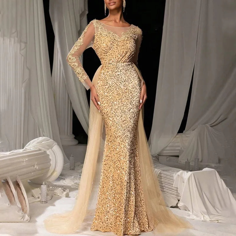 2025 New Elegant Prom Dress Long Sleeve Lace Evening Gown With Deep V-Neck Floor Length Train For Gala Party Wedding