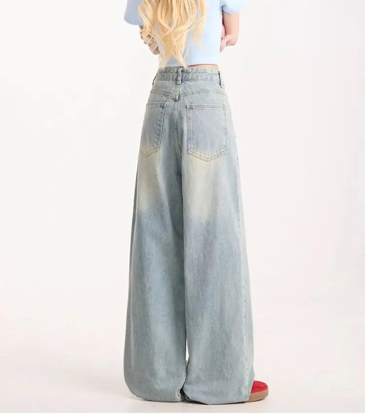 Jeans for Woman Y2k Pants Retro Washed Denim Straight Leg Wide Leg Trousers Cartoon Embroidery Design Comfortable Daily Wear