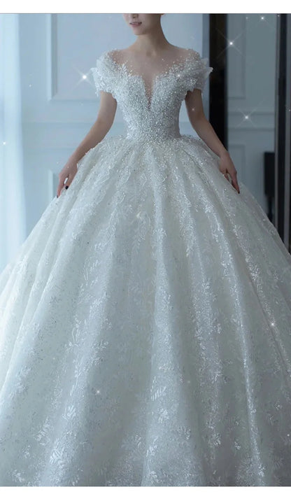 2025 Princess Sexy Luxury Crystal Beaded Wedding Dress Puff Tulle White Gown Bride Pregnant Women's High-end Gown with Trailing