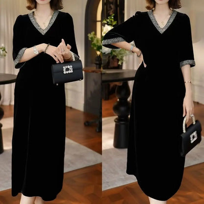 Lady Dress 2025 New Spring And Autumn Popular Light Luxury High-End thin elastic Mother High-End Velvet Dresses Red Black