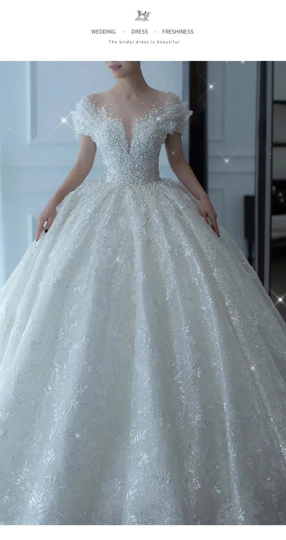 2025 Princess Sexy Luxury Crystal Beaded Wedding Dress Puff Tulle White Gown Bride Pregnant Women's High-end Gown with Trailing