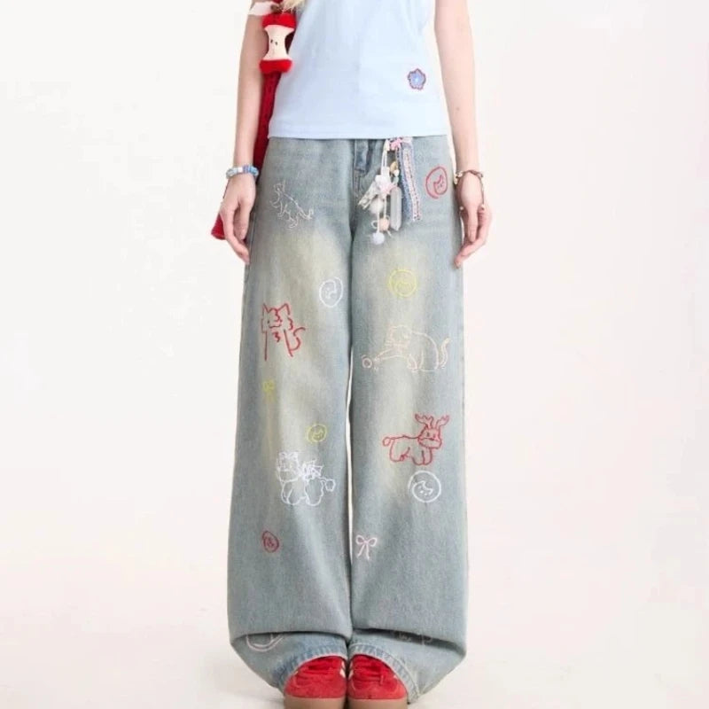 Jeans for Woman Y2k Pants Retro Washed Denim Straight Leg Wide Leg Trousers Cartoon Embroidery Design Comfortable Daily Wear
