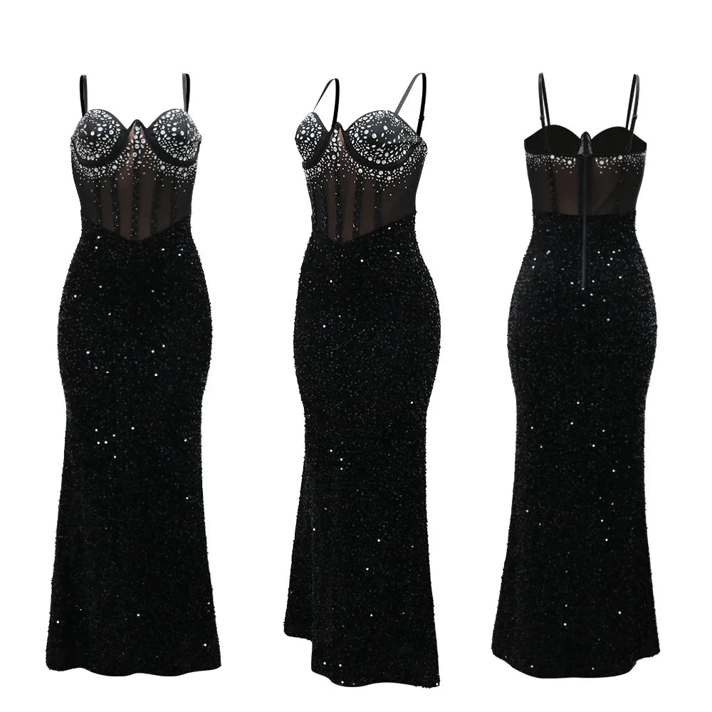 Long Dresses With Sleeves Strapless Sequin Womens Dresses See-through Elegant Party Evening Dress Birthday Prom Maxi Dress XSY22