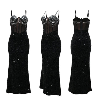 Long Dresses With Sleeves Strapless Sequin Womens Dresses See-through Elegant Party Evening Dress Birthday Prom Maxi Dress XSY22