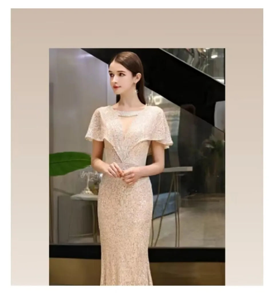 2023 New Fi Tail Evening Gown Women's Par Host High End Sensation Light Luxury Small ence Champagne Color Dr