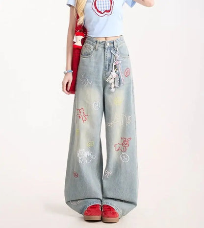 Jeans for Woman Y2k Pants Retro Washed Denim Straight Leg Wide Leg Trousers Cartoon Embroidery Design Comfortable Daily Wear