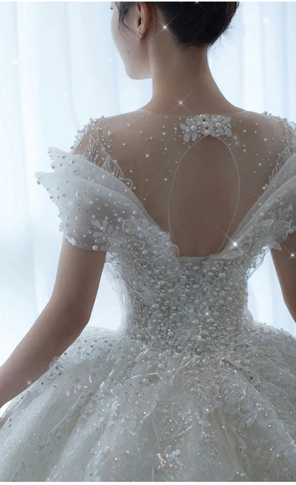 2025 Princess Sexy Luxury Crystal Beaded Wedding Dress Puff Tulle White Gown Bride Pregnant Women's High-end Gown with Trailing