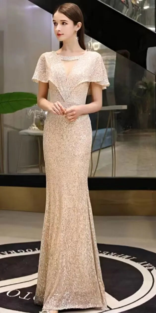 2023 New Fi Tail Evening Gown Women's Par Host High End Sensation Light Luxury Small ence Champagne Color Dr