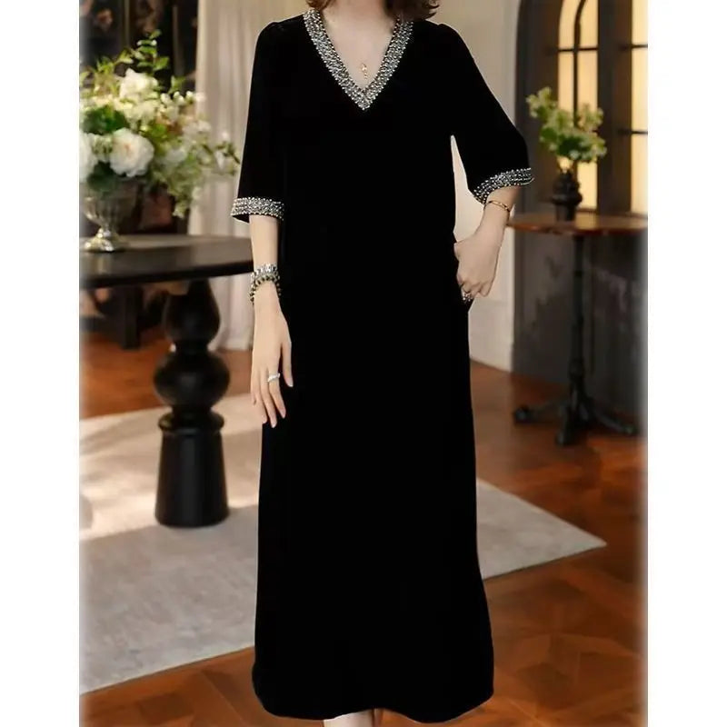 Lady Dress 2025 New Spring And Autumn Popular Light Luxury High-End thin elastic Mother High-End Velvet Dresses Red Black