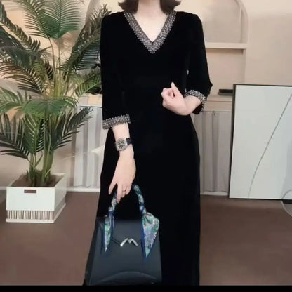 Lady Dress 2025 New Spring And Autumn Popular Light Luxury High-End thin elastic Mother High-End Velvet Dresses Red Black