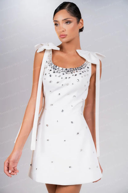 White Crystal Embellished Sleeveless Bow Shoulder Elegant Evening Dress for Women Formal Wear Wedding Guest Party Sparkly Fashio