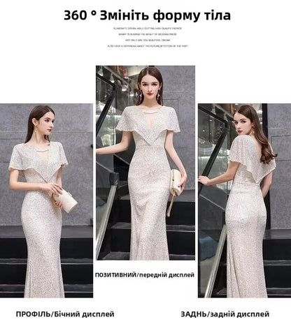 2023 New Fi Tail Evening Gown Women's Par Host High End Sensation Light Luxury Small ence Champagne Color Dr