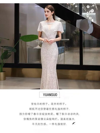 2023 New Fi Tail Evening Gown Women's Par Host High End Sensation Light Luxury Small ence Champagne Color Dr