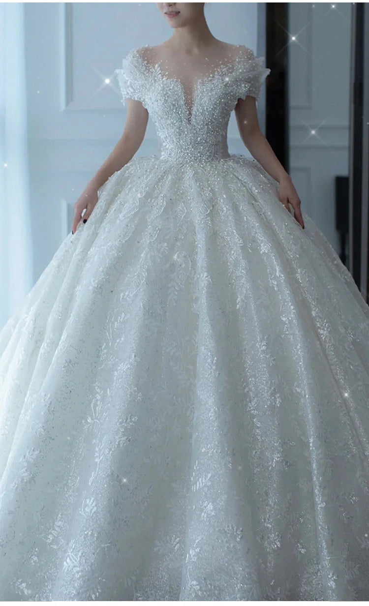 2025 Princess Sexy Luxury Crystal Beaded Wedding Dress Puff Tulle White Gown Bride Pregnant Women's High-end Gown with Trailing