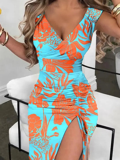 Women Elegant Spring High Split Party Dress 2025 Office Lady V Neck Slim Mid Dress Femme Sleeveless Summer Casual Dress Vestidos