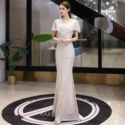 2023 New Fi Tail Evening Gown Women's Par Host High End Sensation Light Luxury Small ence Champagne Color Dr