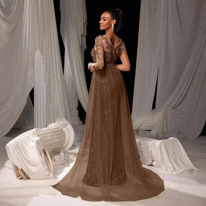 2025 New Elegant Prom Dress Long Sleeve Lace Evening Gown With Deep V-Neck Floor Length Train For Gala Party Wedding