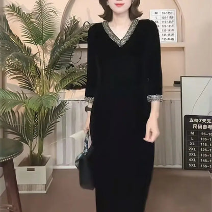 Lady Dress 2025 New Spring And Autumn Popular Light Luxury High-End thin elastic Mother High-End Velvet Dresses Red Black