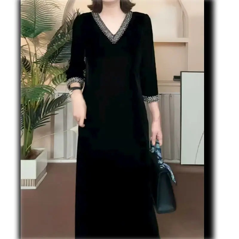 Lady Dress 2025 New Spring And Autumn Popular Light Luxury High-End thin elastic Mother High-End Velvet Dresses Red Black