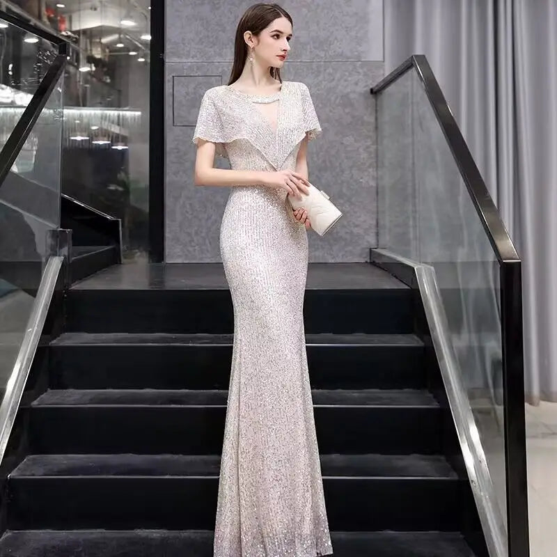 2023 New Fi Tail Evening Gown Women's Par Host High End Sensation Light Luxury Small ence Champagne Color Dr