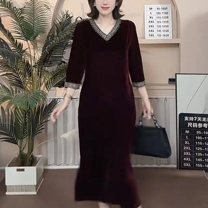 Lady Dress 2025 New Spring And Autumn Popular Light Luxury High-End thin elastic Mother High-End Velvet Dresses Red Black