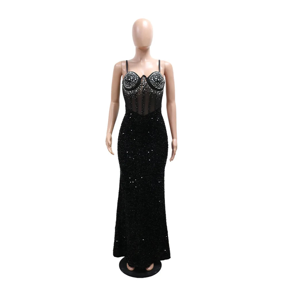 Long Dresses With Sleeves Strapless Sequin Womens Dresses See-through Elegant Party Evening Dress Birthday Prom Maxi Dress XSY22