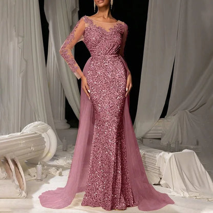 2025 New Elegant Prom Dress Long Sleeve Lace Evening Gown With Deep V-Neck Floor Length Train For Gala Party Wedding