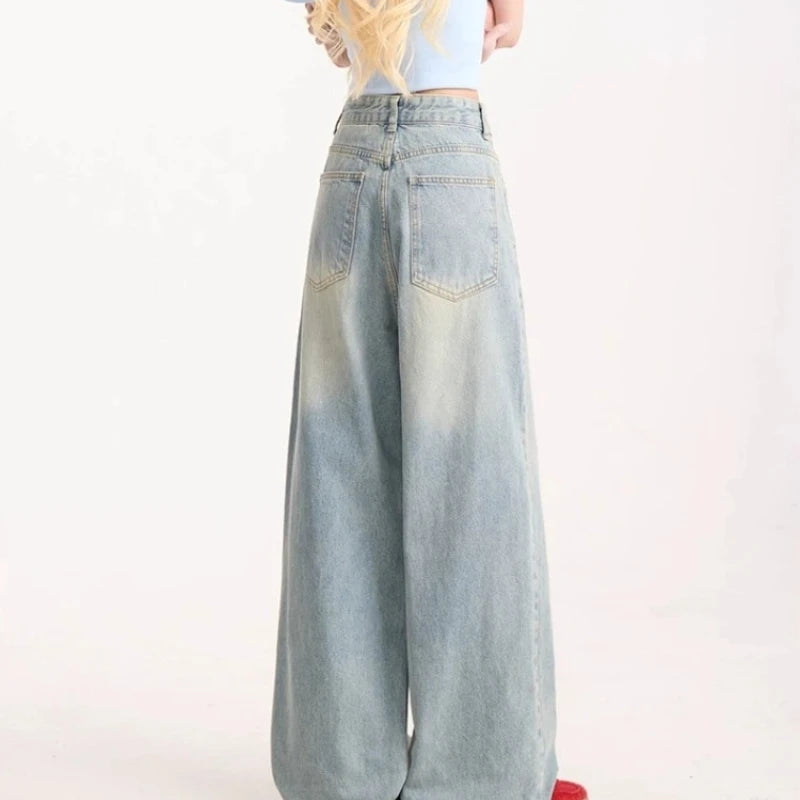 Jeans for Woman Y2k Pants Retro Washed Denim Straight Leg Wide Leg Trousers Cartoon Embroidery Design Comfortable Daily Wear