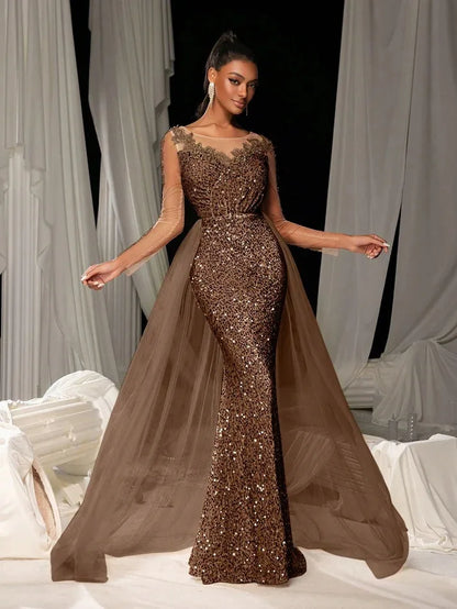 2025 New Elegant Prom Dress Long Sleeve Lace Evening Gown With Deep V-Neck Floor Length Train For Gala Party Wedding