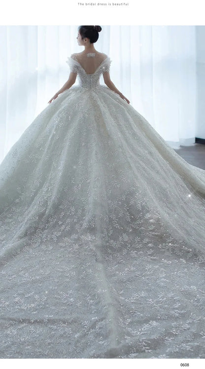 2025 Princess Sexy Luxury Crystal Beaded Wedding Dress Puff Tulle White Gown Bride Pregnant Women's High-end Gown with Trailing