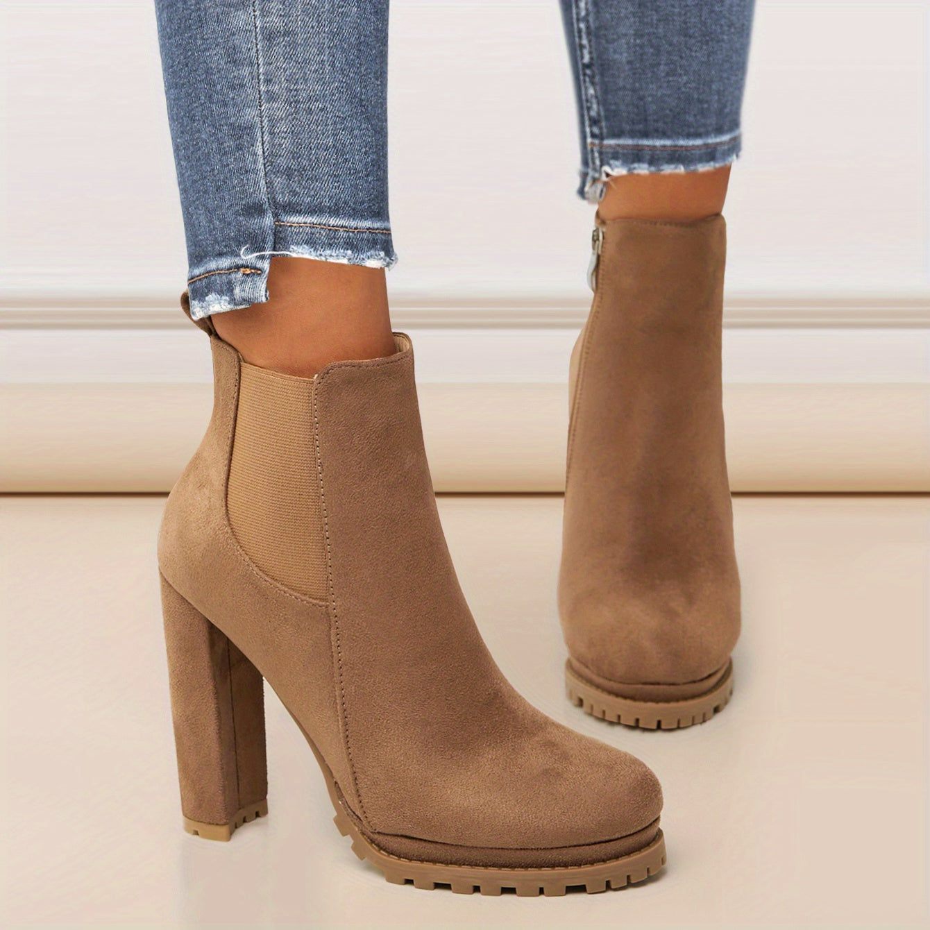 Women's Pointed Toe Short Boots, Tound Toe Side Zipper Chunky Heeled Platform Ankle Boots, Women's Footwear