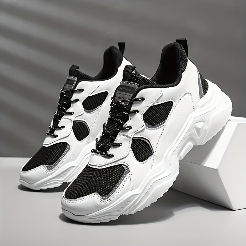 Men's Breathable Mesh Chunky Sneakers - White & Teal Casual Sneakers with EVA Sole, Lace-Up Design for All Seasons