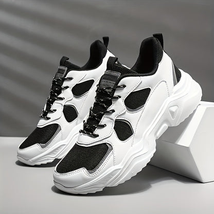 Men's Breathable Mesh Chunky Sneakers - White & Teal Casual Sneakers with EVA Sole, Lace-Up Design for All Seasons