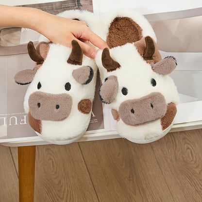 Cozy Home Cute Cartoon Cow Plush Half-Wrap Slippers, Couple's Matching Thickened Warm